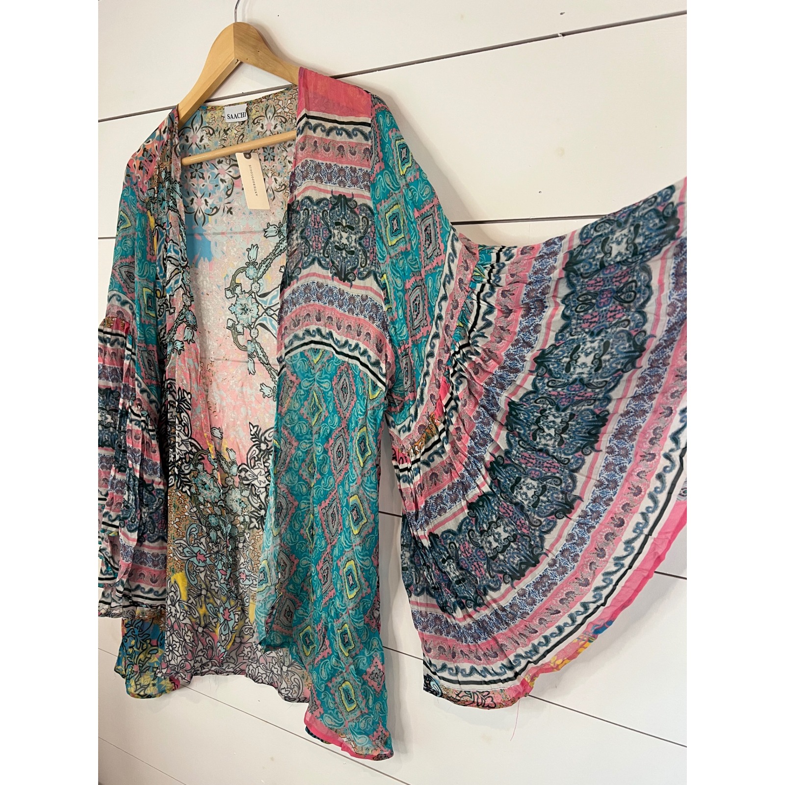 Nwt Saachi Anthropologie Paisley Patchwork Kimono Wrap Bell Sleeve Os Boho — image 2 of 5